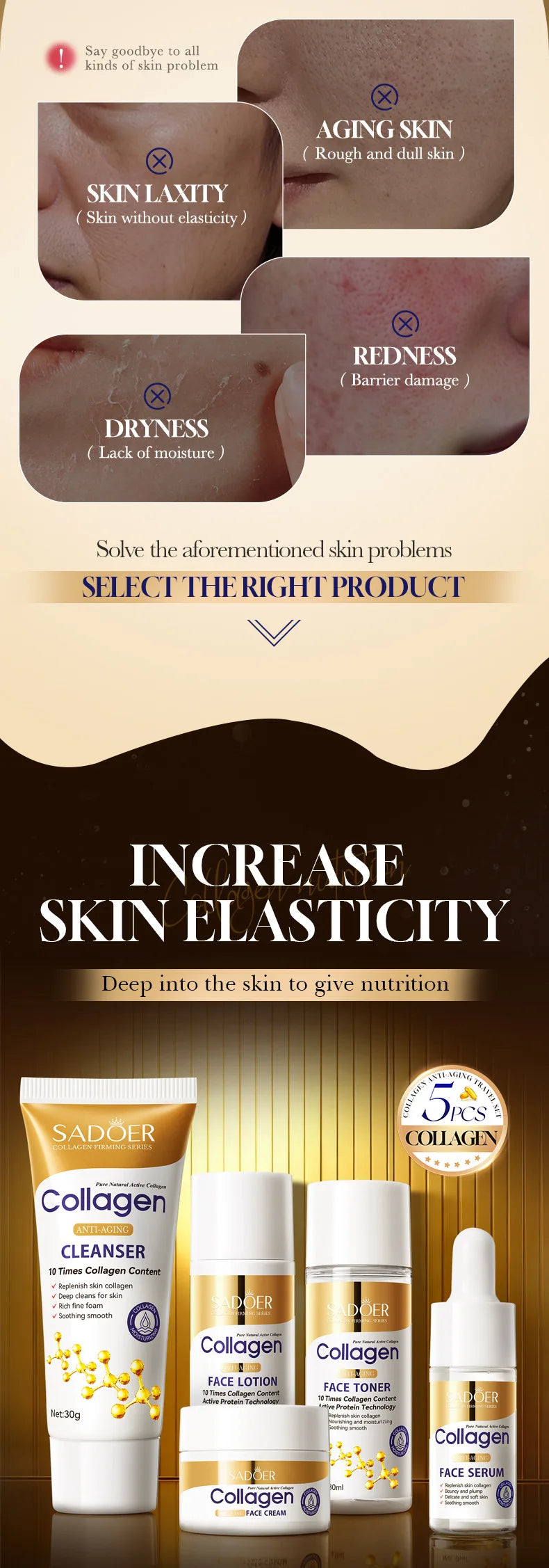 5pcs SADOER Collagen Skin Care Sets Moisturizing Face Cream Eye Cream Serum Essence Whitening Anti-Aging Facial Skin Care Kit
