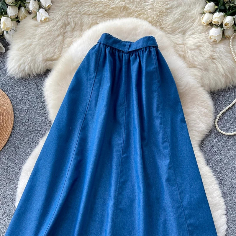 KAROFI Women Bow Tie Elastic Waist Denim Long Skirt Korean A Line Flowy Midi Jeans Skirt Casual Loose Vintage Blue Maxi Skirts