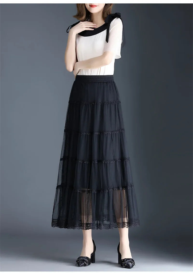 Pop Pop Long Tulle Skirt Women 2024 Spring Summer Elastic High Waist A-Line Mesh Pleated Puffy Skirt Female Elegant Lace Midi Sk