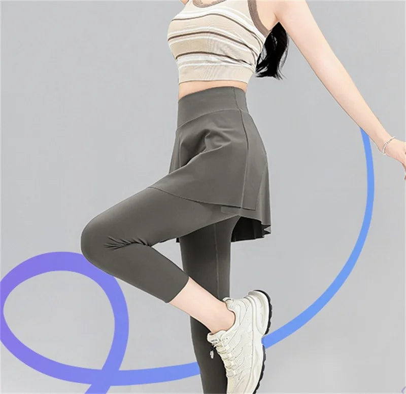 Aiithuug with Pocket Women Tennis Skirted Leggings Capris Yoga Leggings with Skirts Tennis Pickleball Clothing Cropped Leggings