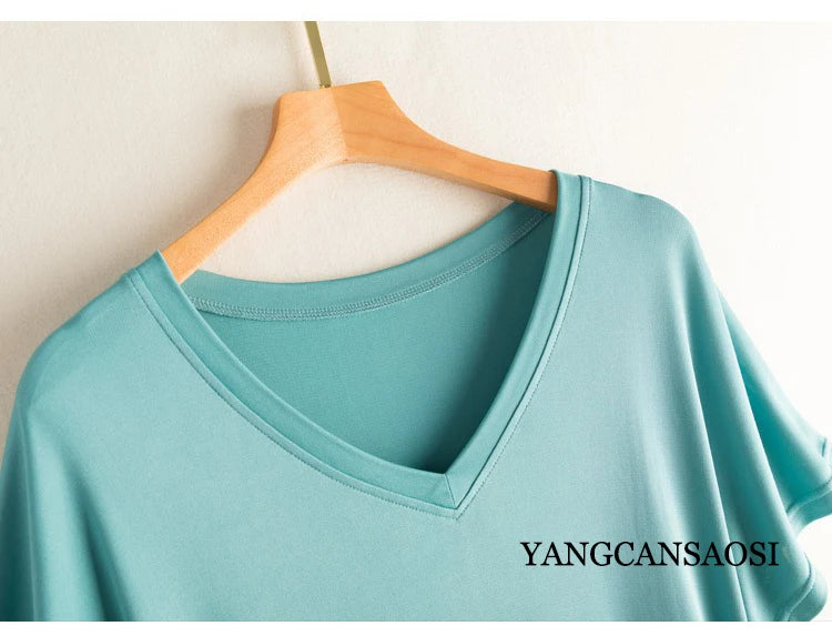 Women's Casual Summer New 23% Natural Mulberry Silk Side Slit V-neck Loose Shoulder Short Sleeved Solid Color Base Knitted Dress