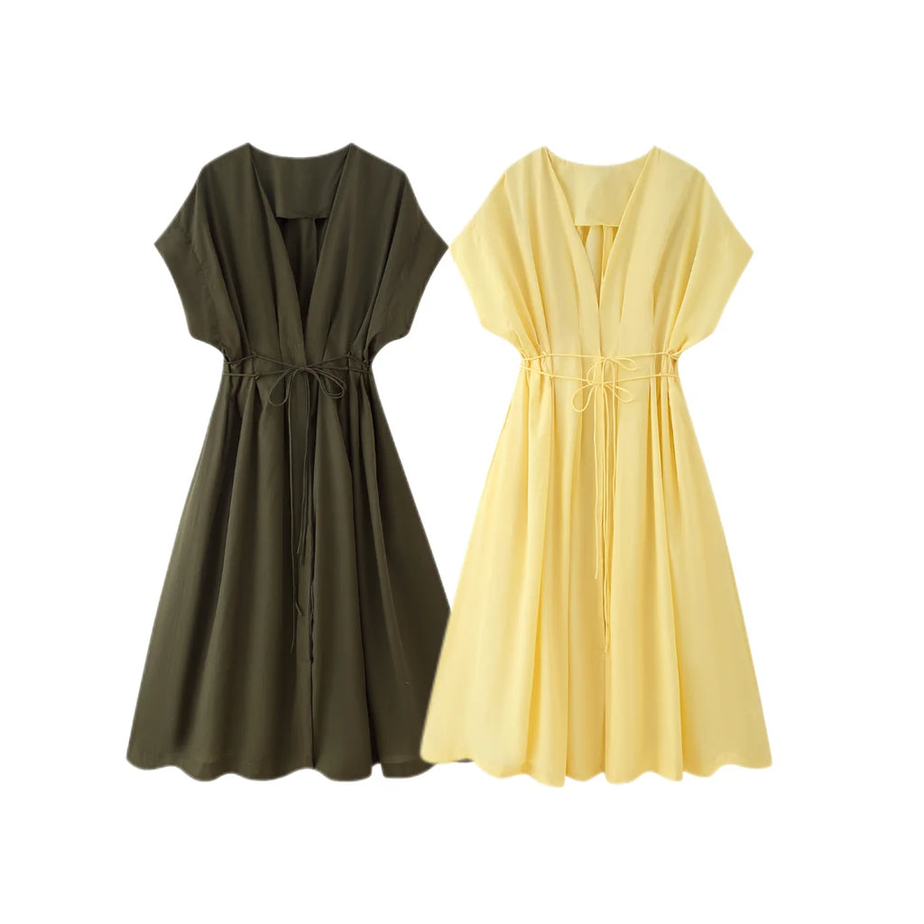 Solid V-Neck Short Sleeve Bow Lace-Up Single-Breasted Women's Fashion Casual Dress Female Summer Elegant Long Dress
