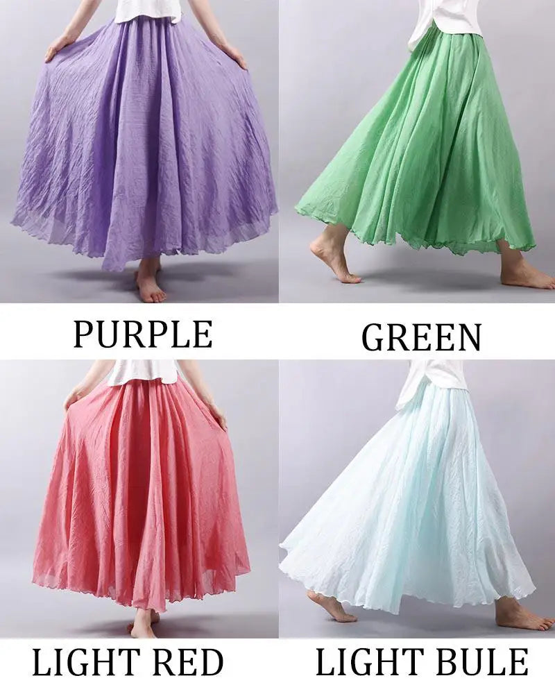 Women's Elegant High Waist Linen Maxi Skirt 2026 Summer Ladies Casual Elastic Waist 2 Layers Skirts Saia Feminina 20 Colors SK53