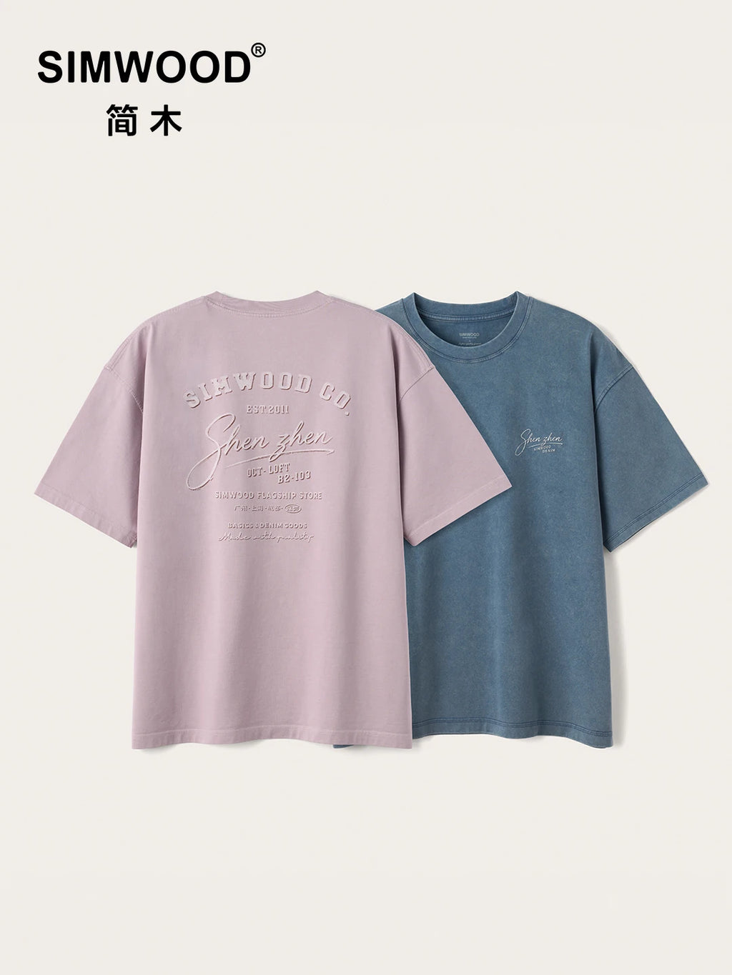 SIMWOOD 2026 Summer New 280gsm 100% Cotton Fabric T-shirts Men Washed Vintage Letter Print Tops Plus Size Tees