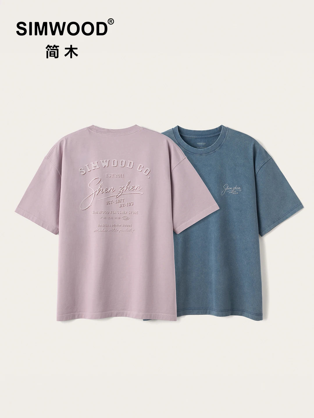 SIMWOOD 2026 Summer New 280gsm 100% Cotton Fabric T-shirts Men Washed Vintage Letter Print Tops Plus Size Tees