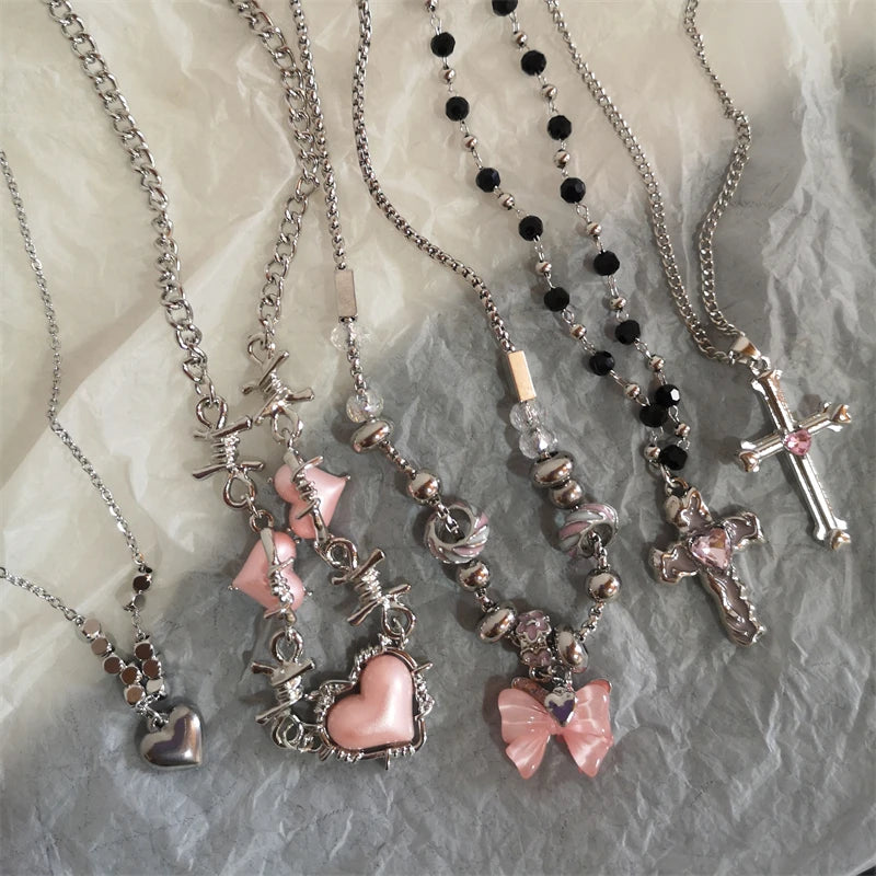 Star Cross Bowknot Pendant Necklace For Women'S Egirls Y2K Cool Neck Jewelry Clavicle Chain Original Korean Fashion