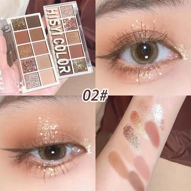 10-Color Eyeshadow Palette - Shimmer, Matte, Glitter, Waterproof