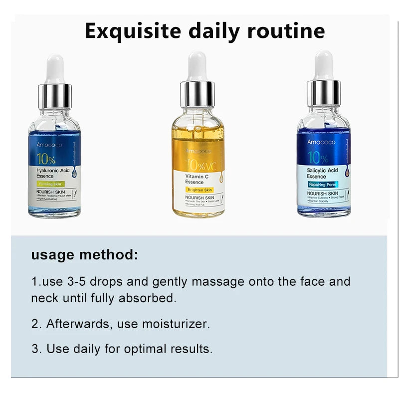 Amococo 2pcs Facial Serum 30ml 10% Salicylic Acid Essence Vitamin C Essence Hyaluronic Acid Face Serum Moisturizing Hydrating Skin Care Brightening Nourishing Essence for Daily Face Care