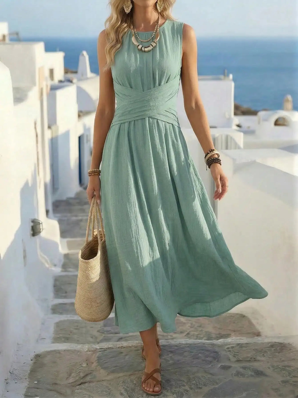 Women's Summer Fashion New Style Elegant Crossed Waistline Round Neck Sleeveless Solid Color Resort Style Maxi Dress