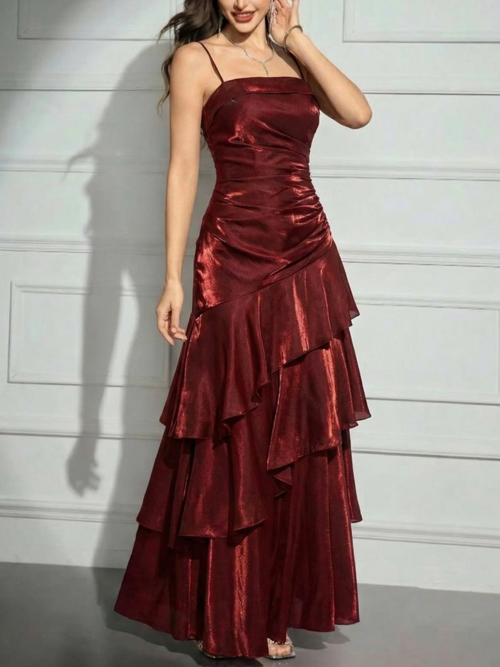 Elegant French Spaghetti Strap Maxi Evening Party Dress Women Slim Fit Ruffle Hem Party Prom Dresses Banquet Gown Wedding Guest