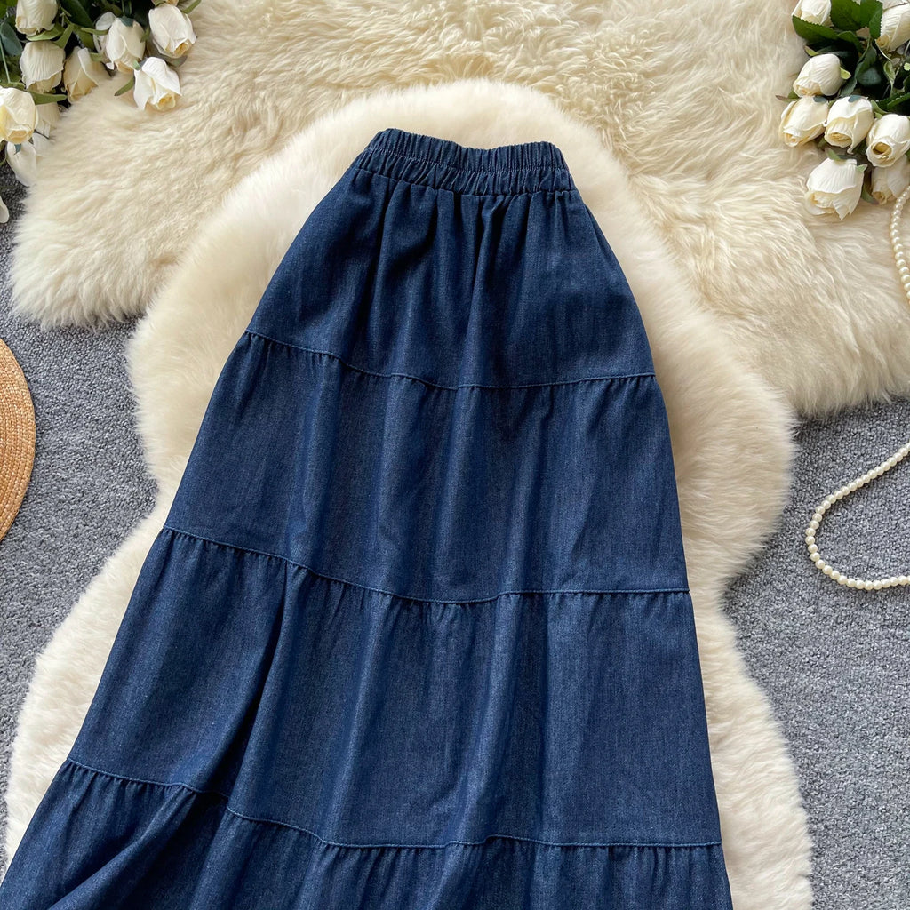 Korean Style A-Line  Skirt Women's Summer Slimming Elastic Waist Denim Patchwork Skirts City Commute Universal Long Skirts