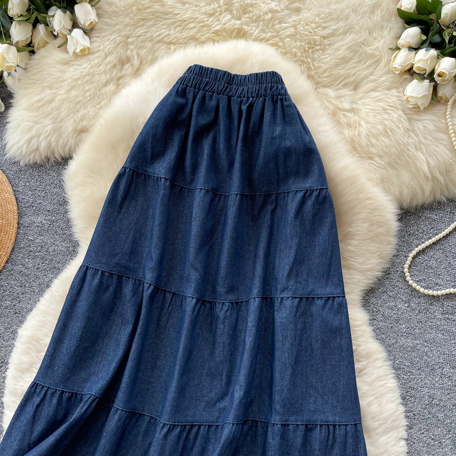 Korean Style A-Line  Skirt Women's Summer Slimming Elastic Waist Denim Patchwork Skirts City Commute Universal Long Skirts