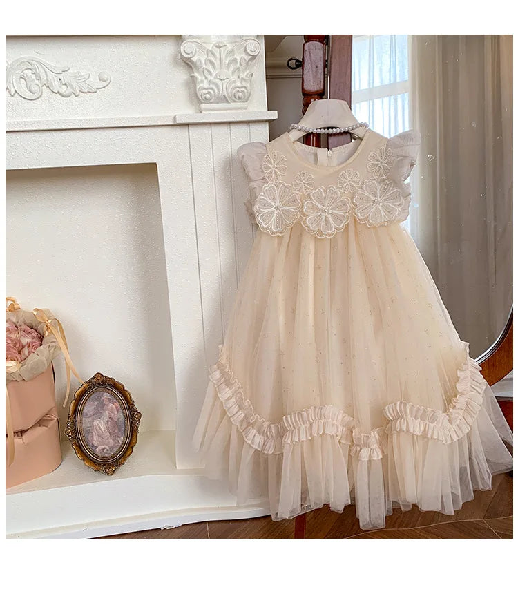 New Summer Kids Girls Lace Tulle Dress Fly Sleeve Ruffle Mesh Princess Gown Wedding Flower Girl Birthday Costume YF900