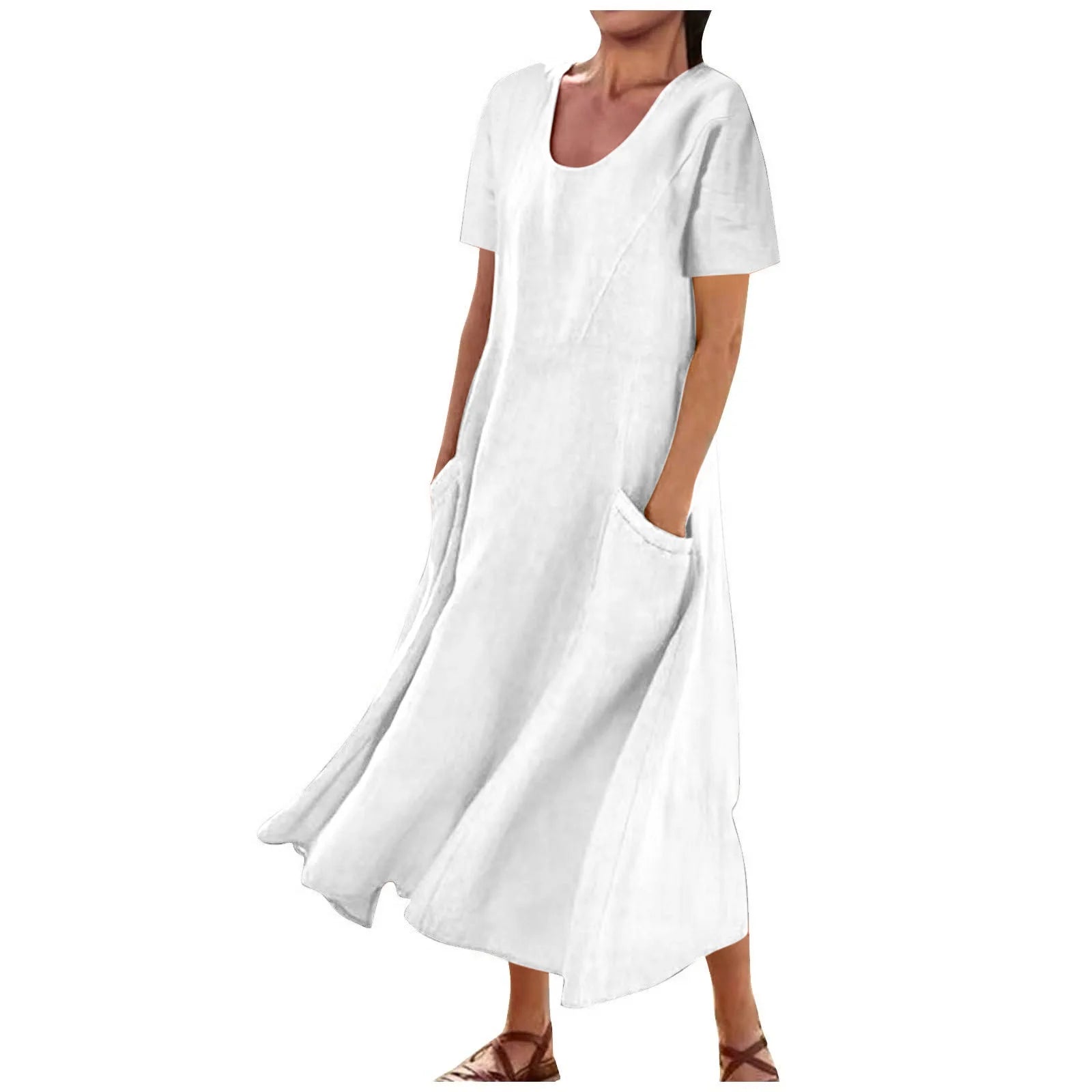 Women Solid Cotton Linen Round Neck Short Sleeve Loose Flowy Maxi Dress EU US Gown