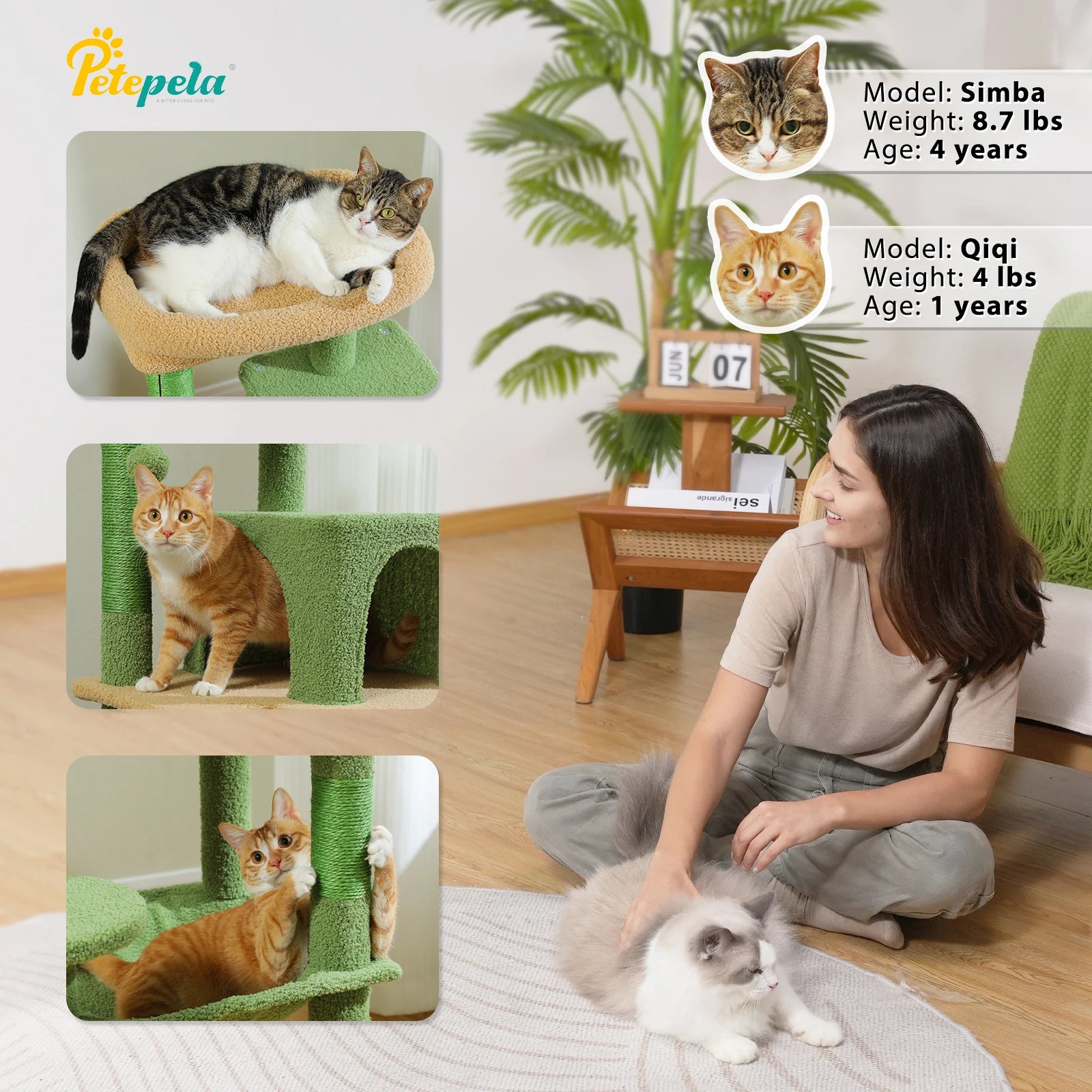 Cactus Cat Tree Tower for Large Cats with Metal Plush Big Hammock for Indoor Cats with 2 Door Condo House with Large Top Perch
