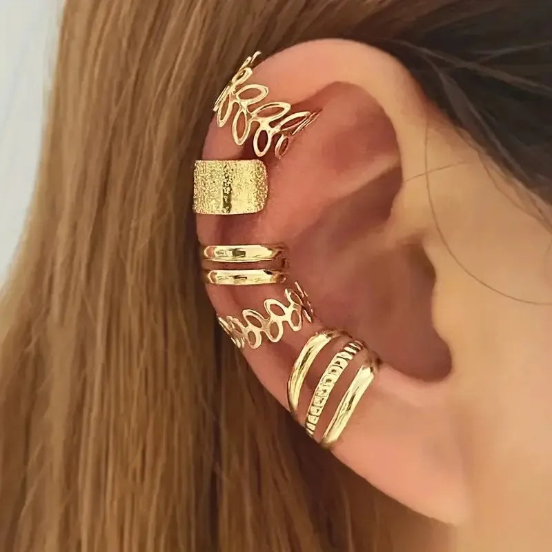 Elegant Clip On Ear Cuff Set For Women Silver No Piercing Leaf Circle Design 5 Pcs Gift Bundle