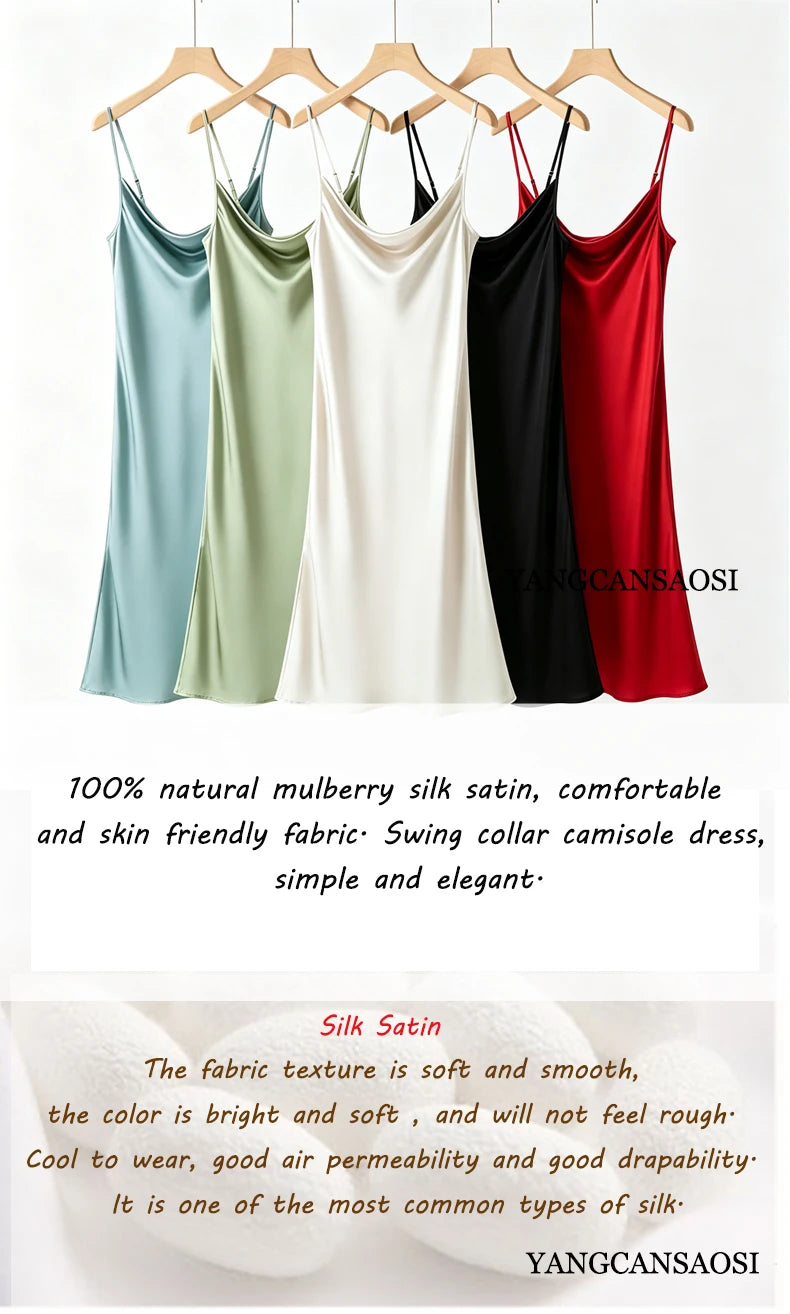 Women's Summer New Style French 100% Natural Mulberry Silk Plain Satin Swing Collar Temperament Camisole Slim Fit Party Dress