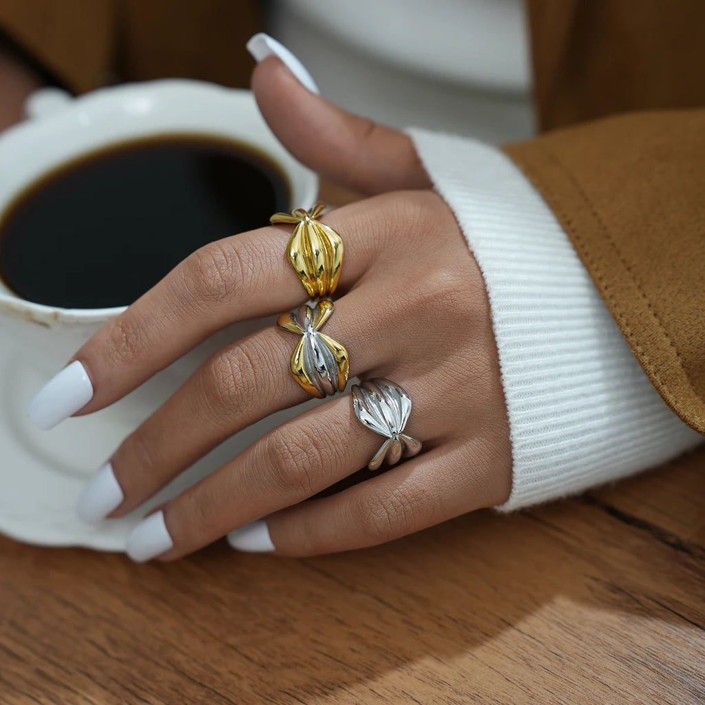 Stainless Steel Open Rings For Women'S 18K Gold Plated Fashion Couple Handmade Irregular Lines Ring Jewelry For Women'S