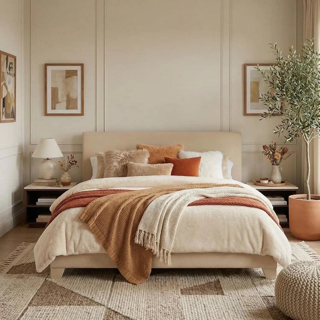 Linen Upholstered Queen Size Bed Frame with Headboard, Beige | Adjustable Low-Profile Platform Bed, Minimalist Design, Stable Ma