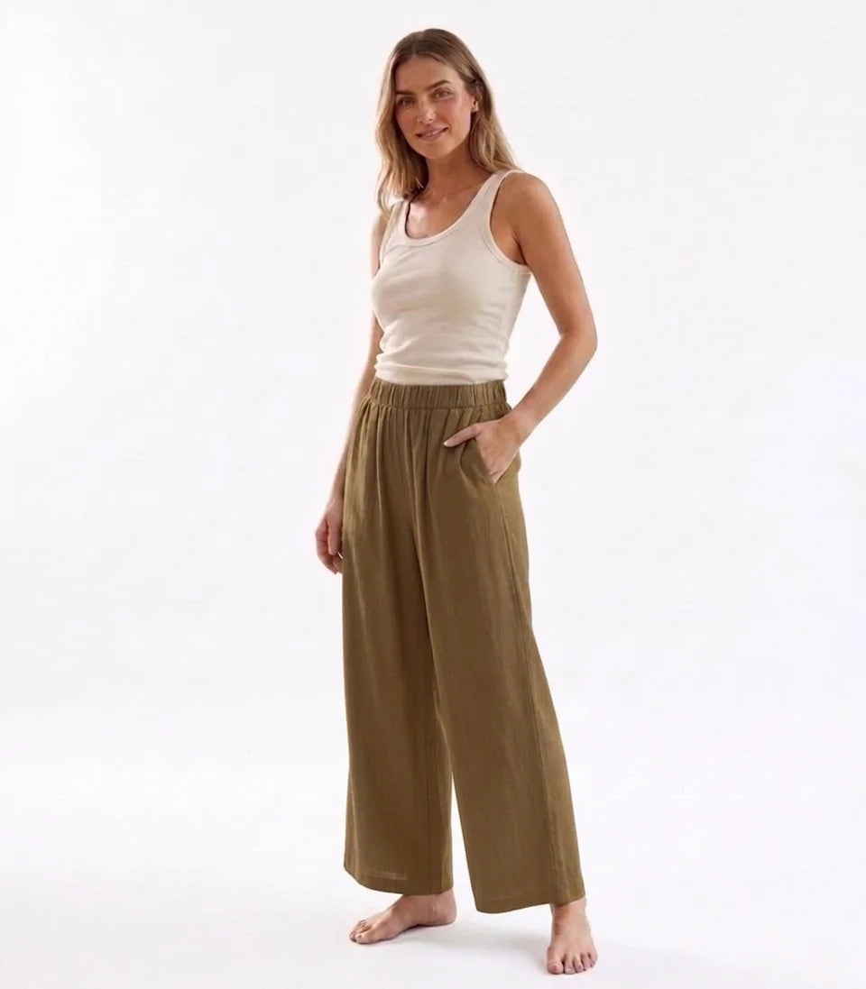 Women Casual Cotton Linen Wide Leg Pants High Elastic Waist Pleated Loose Trousers Pockets Solid Color Summer Boho Baggy Pants