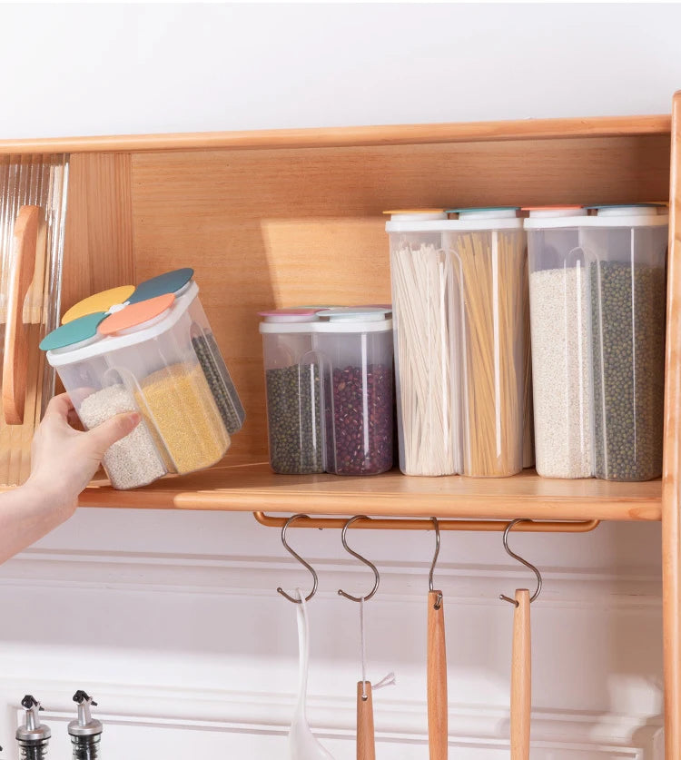 Caja de almacenamiento de cereales para cocina, de plástico, con 4 compartimentos, tarro sellado para cereales, recipiente para alimentos, tanque de grano a prueba de humedad, caja para mantener frescos los espaguetis