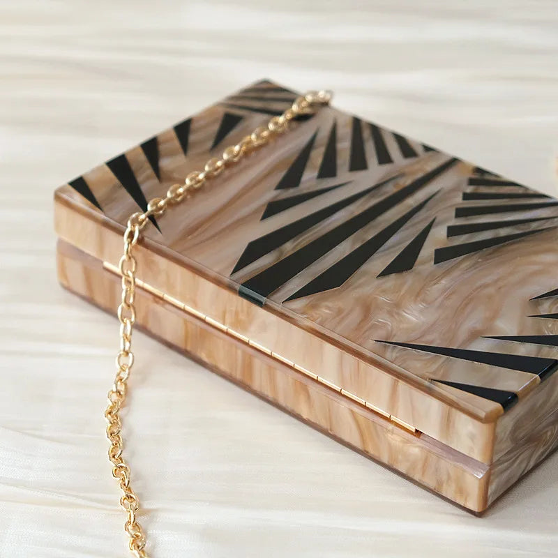 New Trendy Handbag Fashion Women Bag Brown Striped Acrylic Luxury Party Evening Bag Woman Cute Wedding Box Vintage Clutch Purse