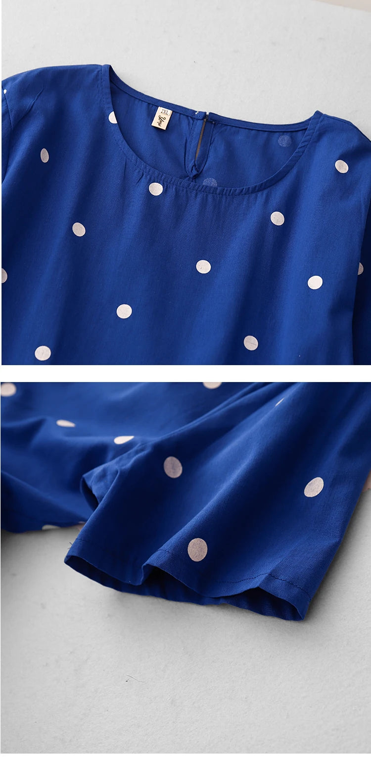 High-End Blue Pure Cotton Floral Print Dress Women's Summer 2025 round Neck Long Dress Polka Dot Skirt Comfortable A-Line