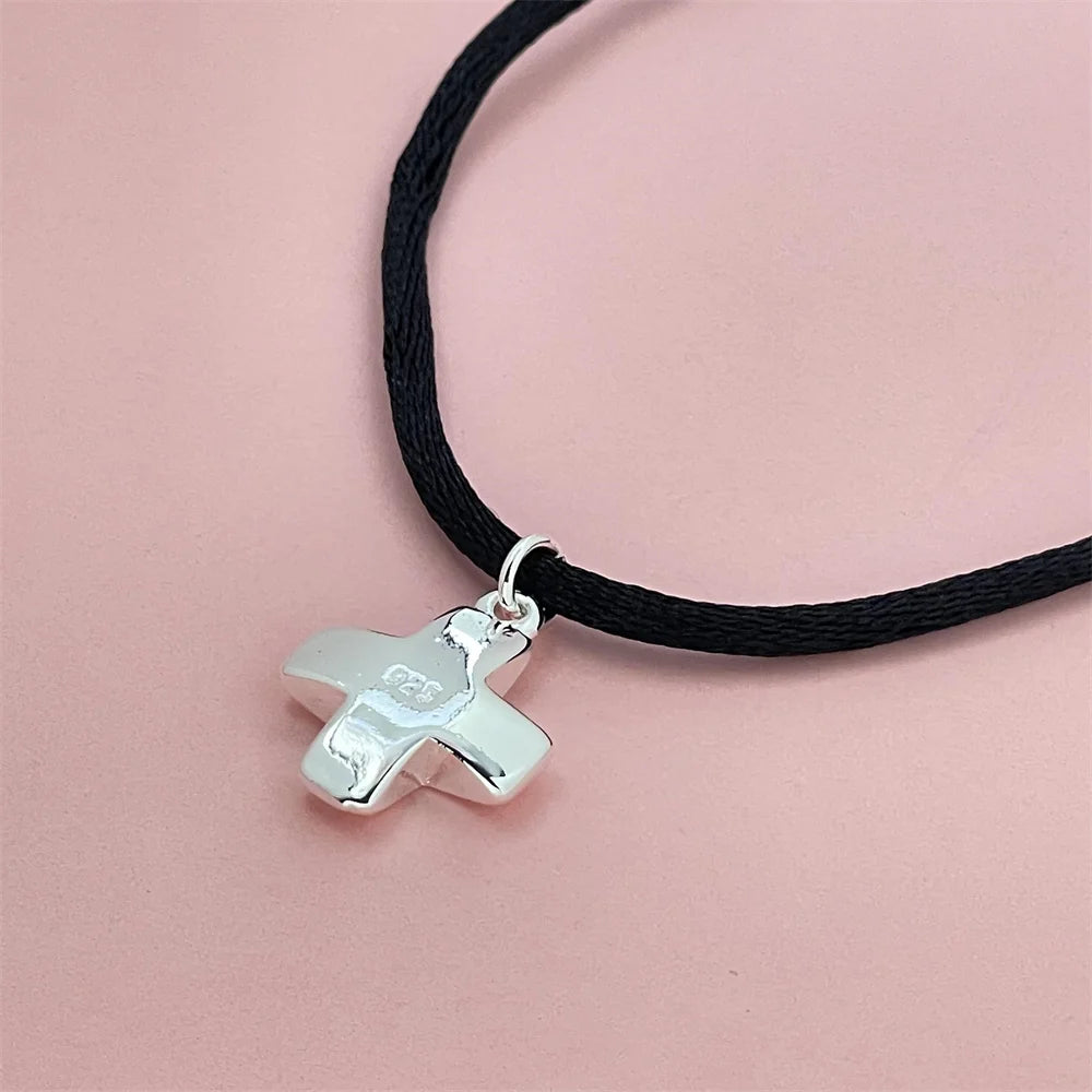 Exquisite 925 Silver Jewelry, Short Cross Pendant With Black Rope, Suitable For Daily Wear Or Giving