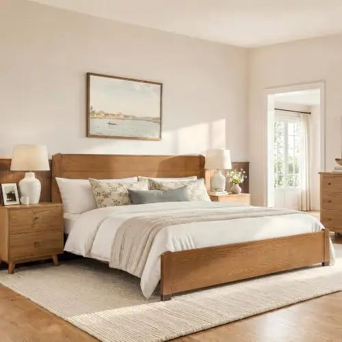 King Size Bed Frame, Mid-Century Solid Wooden Platform Bedframe with 42" High Headboard, Sturdy 800lb Heavy Duty Bed