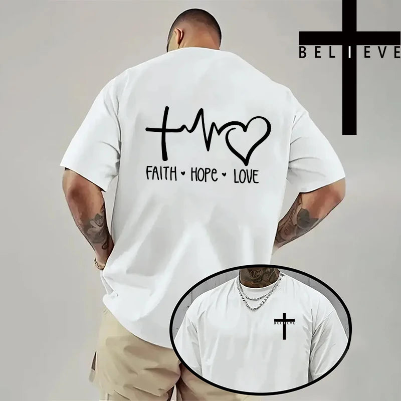 Spring Summer Daily Casual Fashion Jesus Cross Cotton Tees Christ Print T-shirt Men High Quality Pure Color Short Sleeve Top