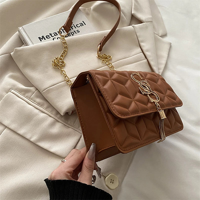 Fashionable Small Fragrant Style Argyle Quilted Small Square Bag Metal Letter Tassel Diagonal Cross Bag Commuter Shoulder Bag