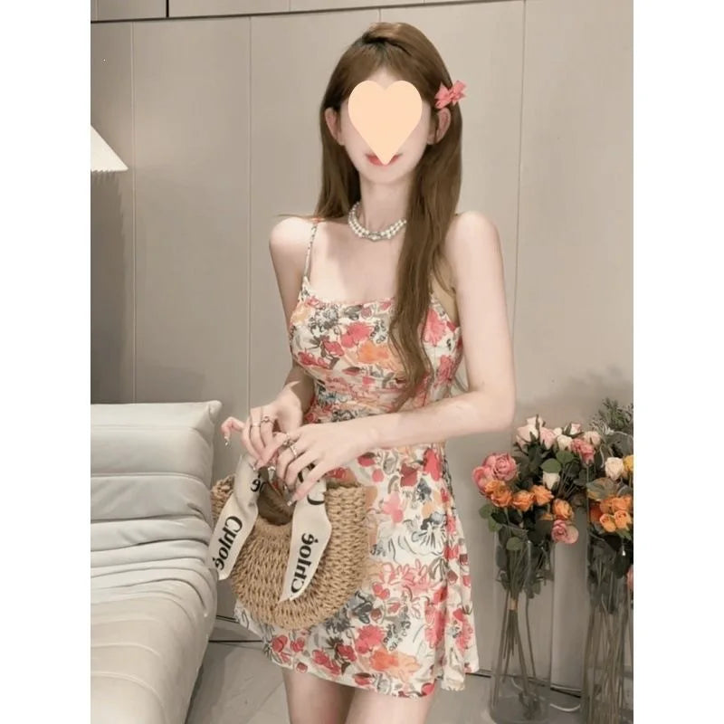 Retro American Vacation Style Floral Print Halter Dress Women's Summer Sweet Spicy Waist Cinching Skirt Elegant Fashionable S...