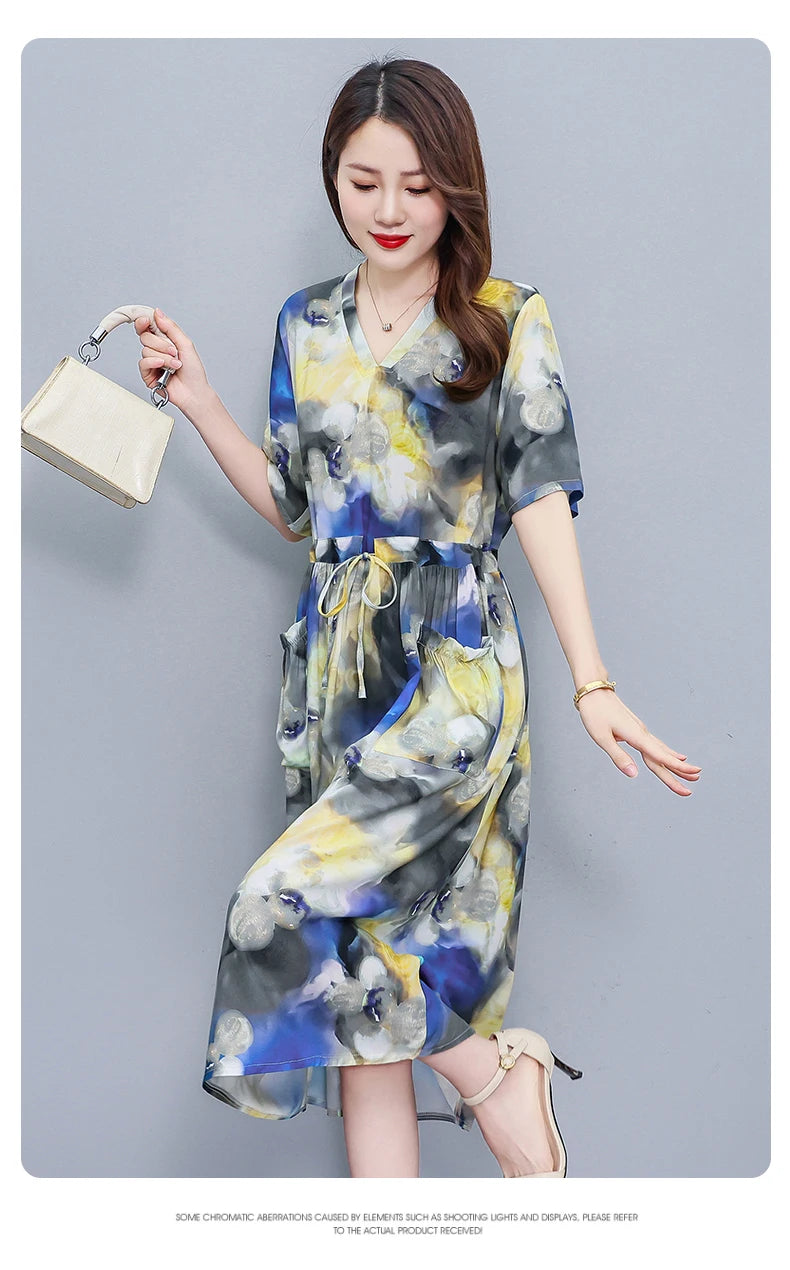 New Fashion 2025 Summer dresses For Women V-Neck Plus Size Woman Cothing Loose Short Sleeve Women Print Dresses