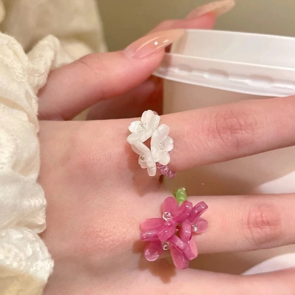 Violet Flower Elastic Beaded Ring for Women