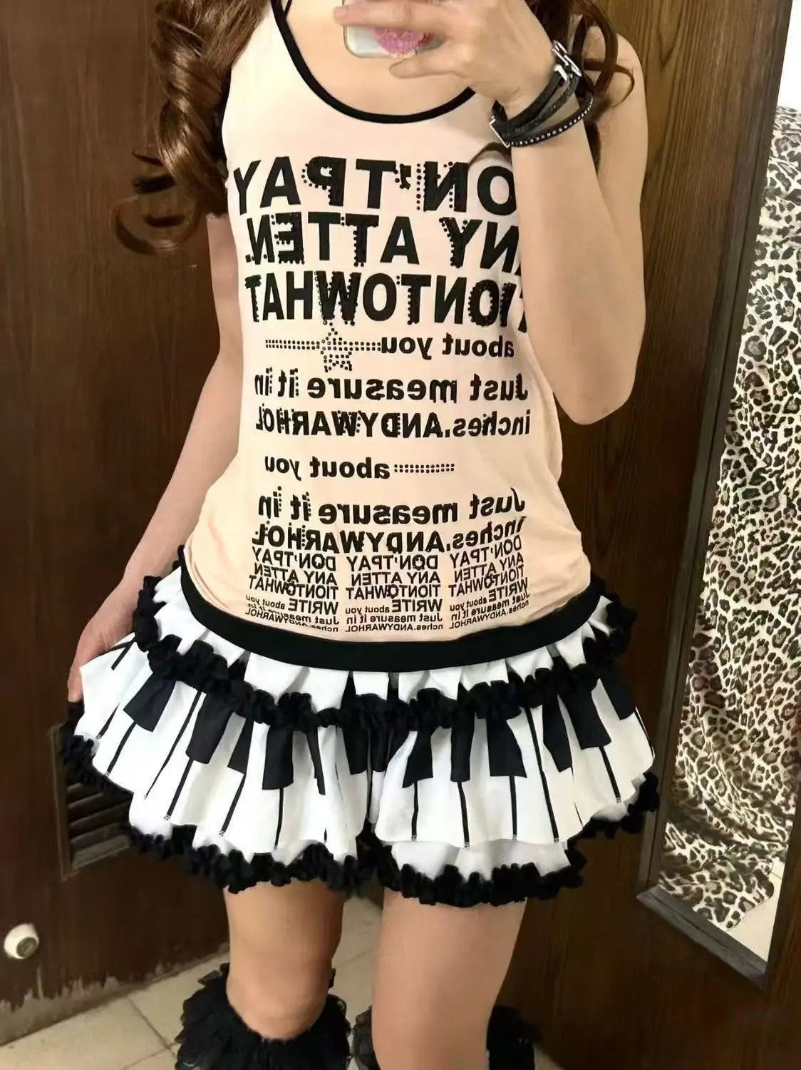 Y2K Black White Print Mini Skirt Women Slim Design Ruffle Layered A Line Skirt Elastic Waist Harajuku Pleated Short Piano Skirts
