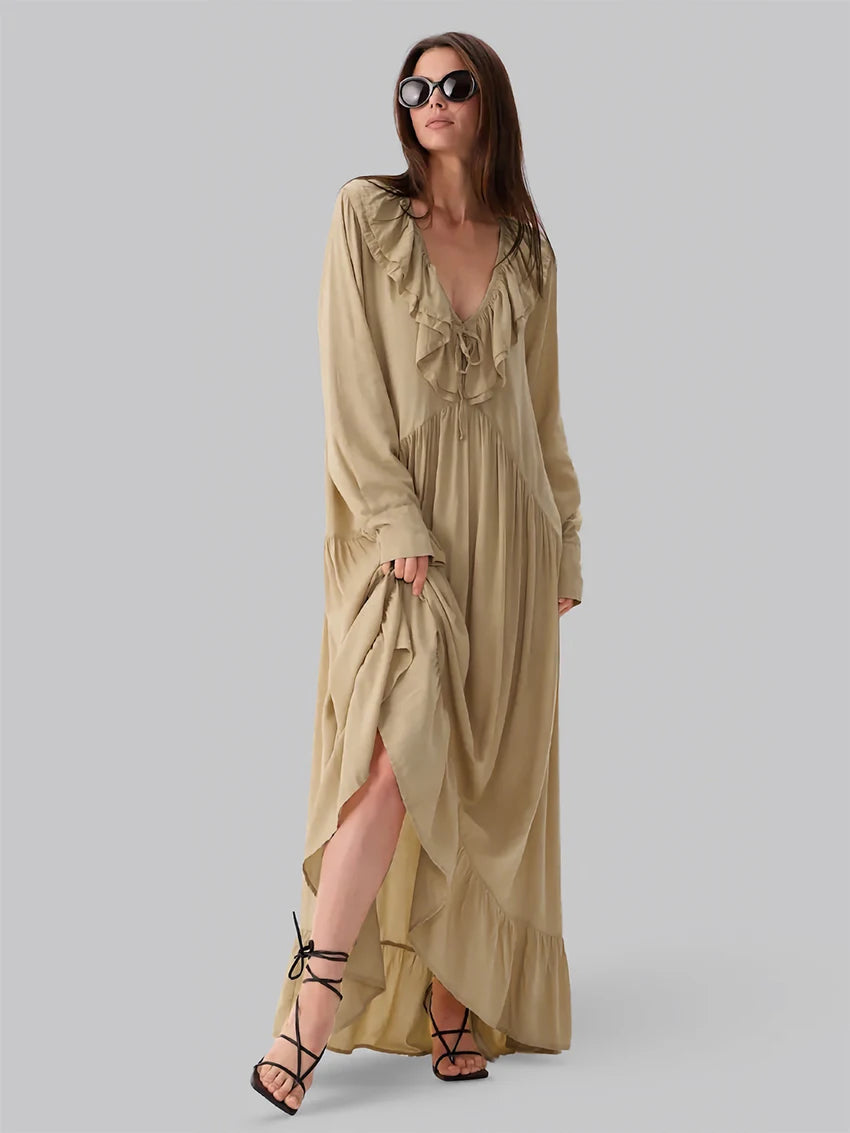 Parc Fee Fashion Loose Khaki Women's Dress Sexy V-Neck Long Sleeve Ankle Length Dresses Elegant Classic Ruffles Female Dress
