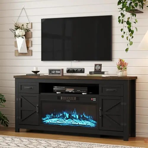 Fireplace TV Stand with Barn Door, 70 inch, Black | Farmhouse Fireplace Entertainment Center with Storage Cabinets, TV