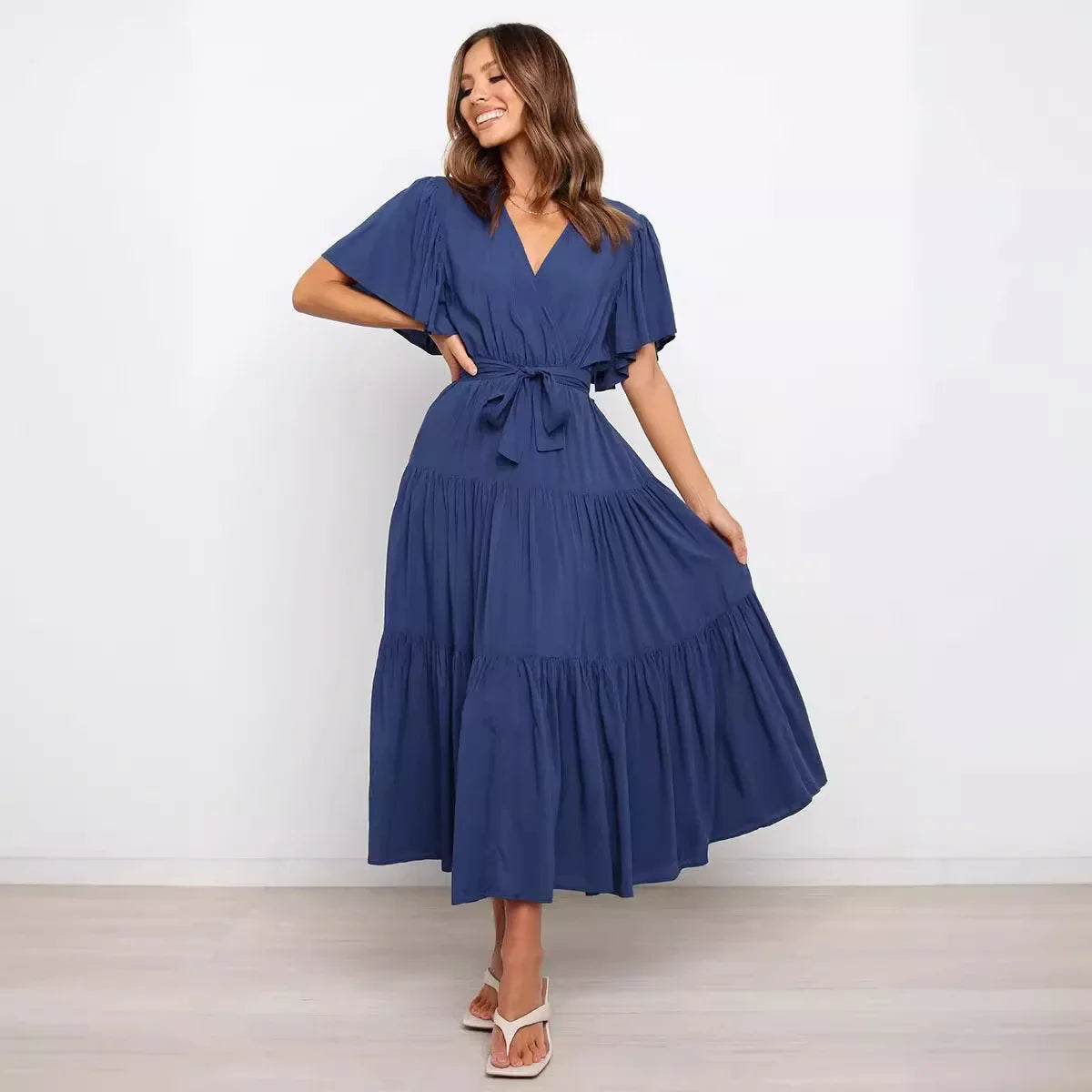 Summer Bohemian Long Dress Pure Color V-Neck Short Sleeve Empire Waist Design Floor Length with Belt Loose Fit Women's Dress