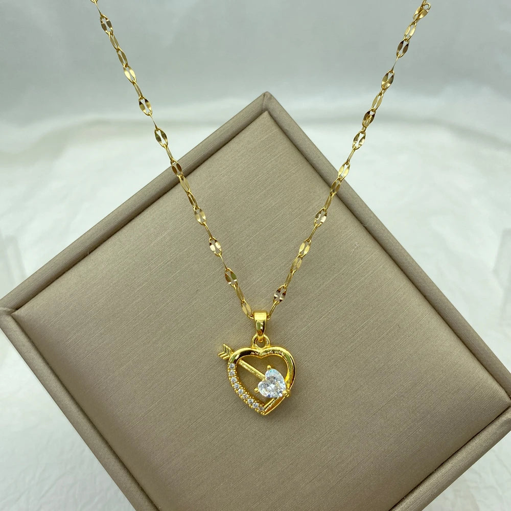 18K Gold Plated Stainless Steel Necklace for Women Copper Pendant Necklace Gold Plated Heart Butterfly Zircon Jewelry