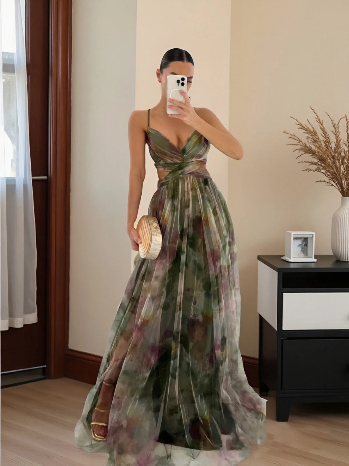 2026 NEW WOMEN'S MESH PRINT BACKLESS CAMISOLE DRESS, LIGHT LUXURY ELEGANT EVENING GOWN FOR PARTIES