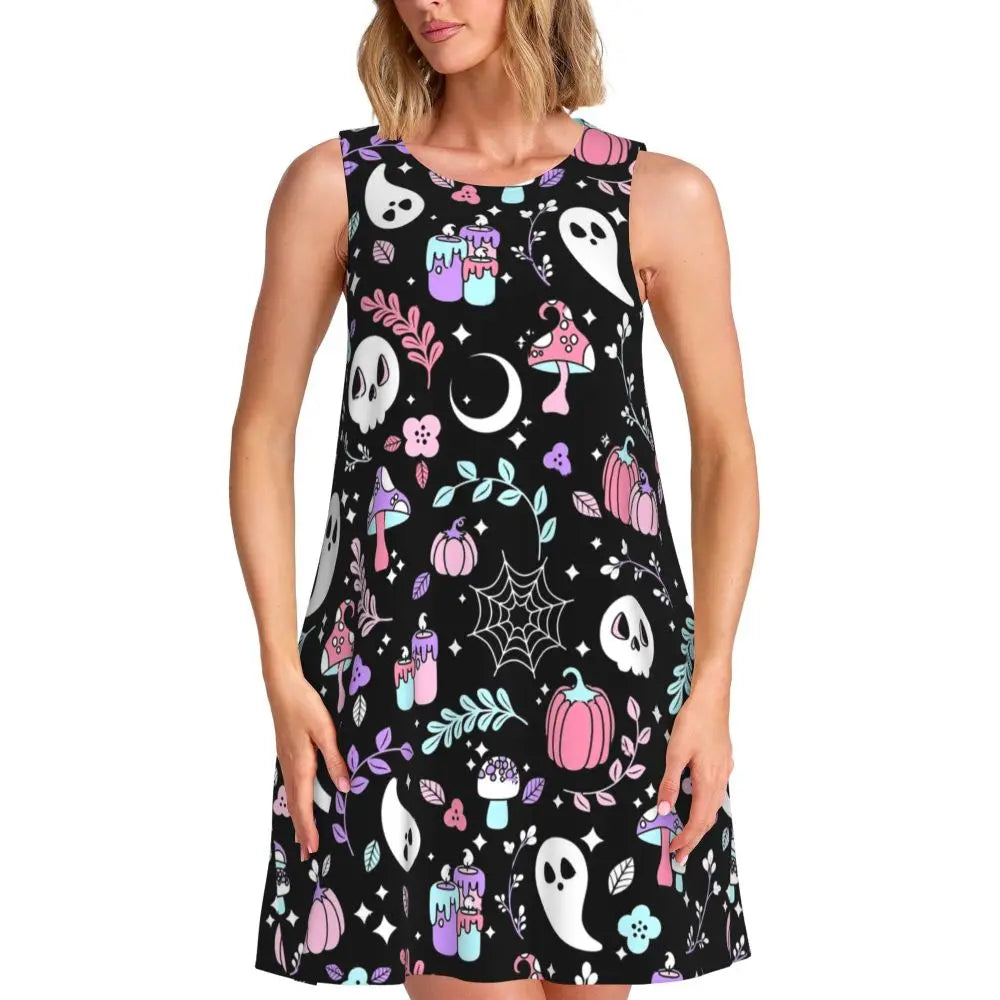 Happy Haunts Tank Dress Halloween Pumpkin Aesthetic Dresses Sleeveless Cute Dress Hot Sale O Neck Ladies Printed Clothing