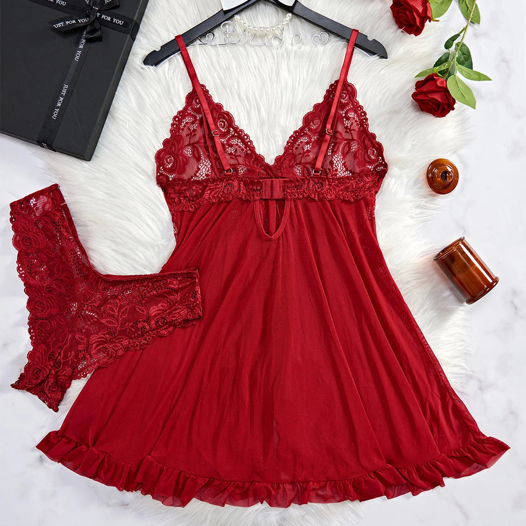 Summer Sexy Lingerie Dress Women'S Lace See Through Nightdress Sleepwear Solid Slim Soft V Neck Full Slip Sleepwear & Dresses