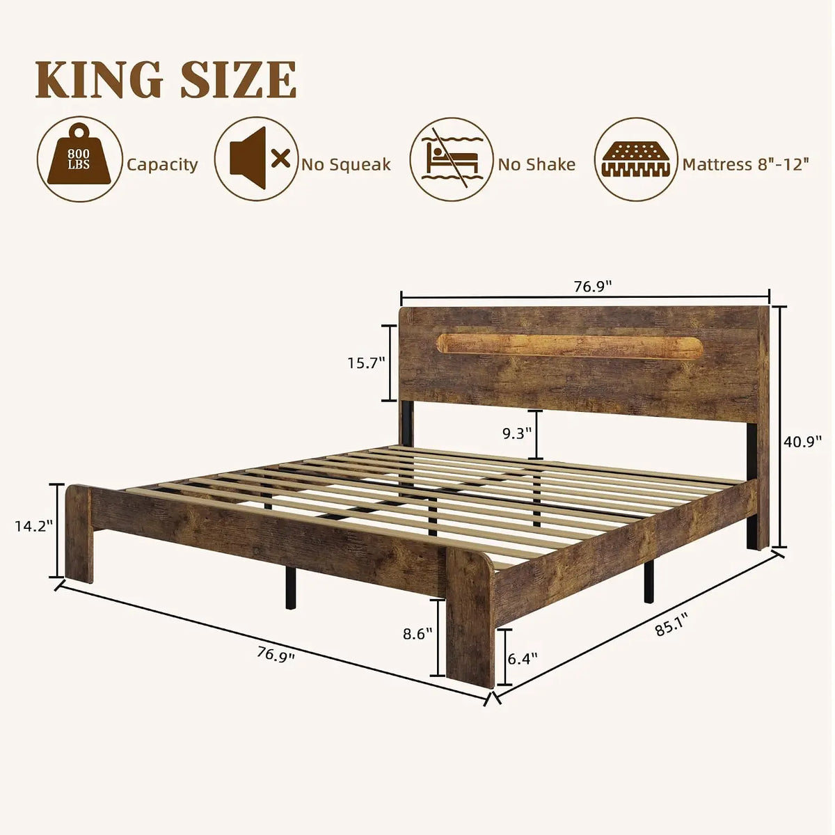King Wood Platform Bed with Storage Headboard, LED Lights & Charging Station, Wood Slat, No Box Spring, Assembly, Customized