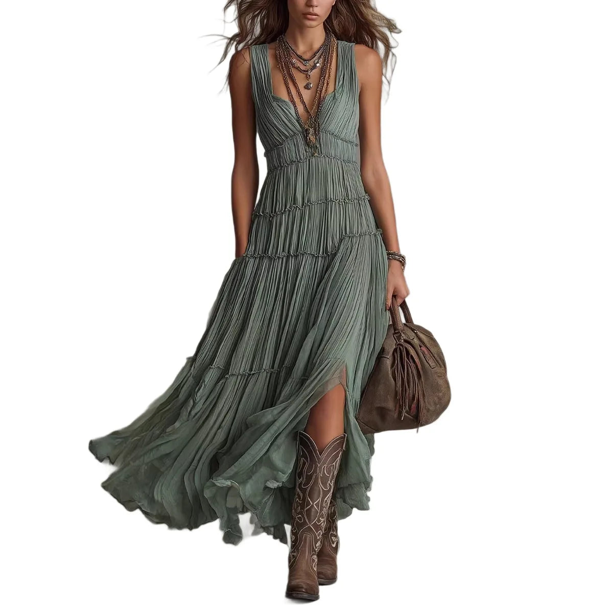 Elegant Summer Dress round Neck Sleeveless Loose Drapey Midi A-Line Skirt Elegant Dress Pleated Skirt Polyester Fabric