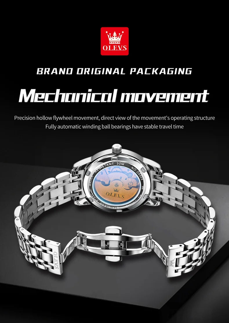 OLEVS 6668 Original Men's Watch Multifunctional Skeleton Waterproof Stainless steel Strap Business Automatic Mechanical Watches