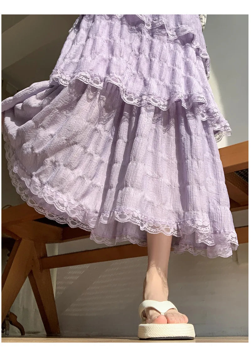 Sweet Lace Ruffles Long Skirt Women Summer Cute Puff Cake A Line Skirt Woman Korean Style High Waist White Chiffon Tulle Skirt