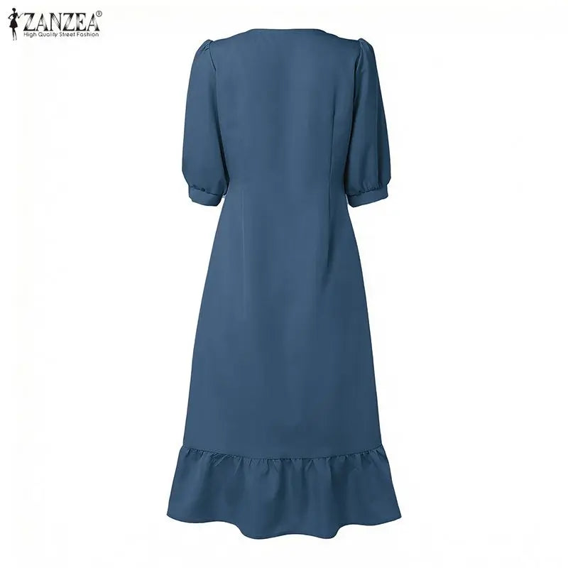 ZANZEA Women Elegant A-Line Midi Dress V-Neck 3/4 Puff Sleeve Cinched Waist Ruffled Hem Dresses Summer Casual Commute Robe Femme