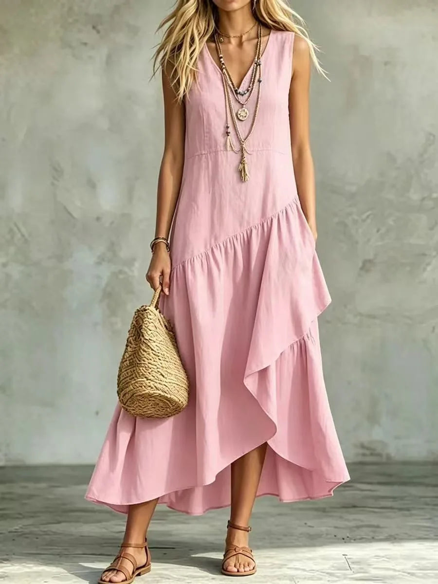 Summer 2026 New Arrival French Style Sleeveless V-Neck Asymmetrical Long Dress with Ruffle Hem Elegant Casual Tourist Wear