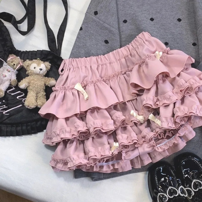 Y2K Sweet Ruffles Mini Skirt Women Kawaii Lolita Bow A Line Skirts Harajuku Japanese Cute High Waist Pink Blue Cake Skirt