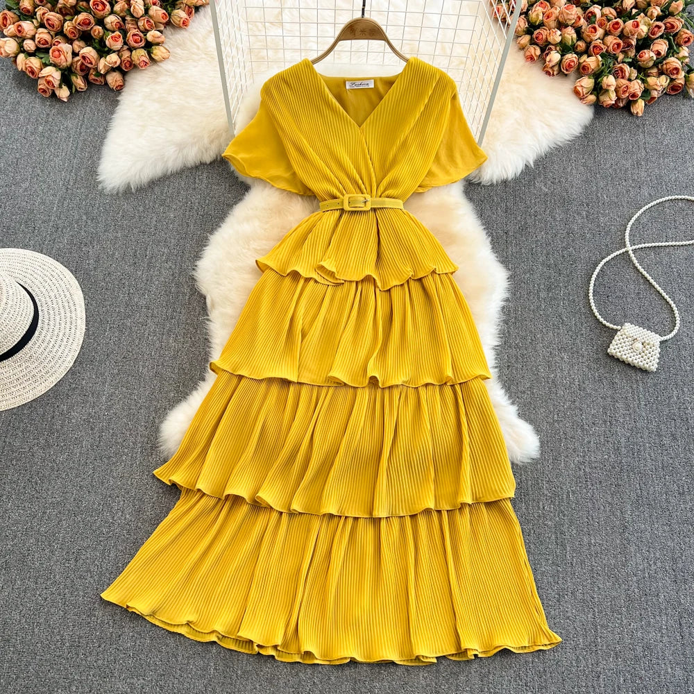 Vintage V-Neck Tiered Maxi Dress - Short Sleeve Loose A-Line